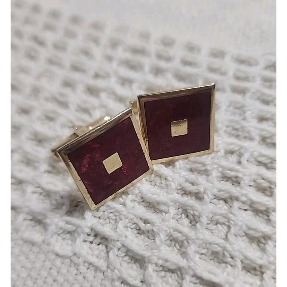 Vintage Manleigh Red Gold Square Retro Cufflinks